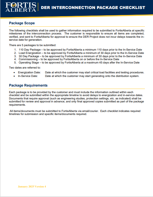 FortisAlberta - DER Interconnection Package Checklist