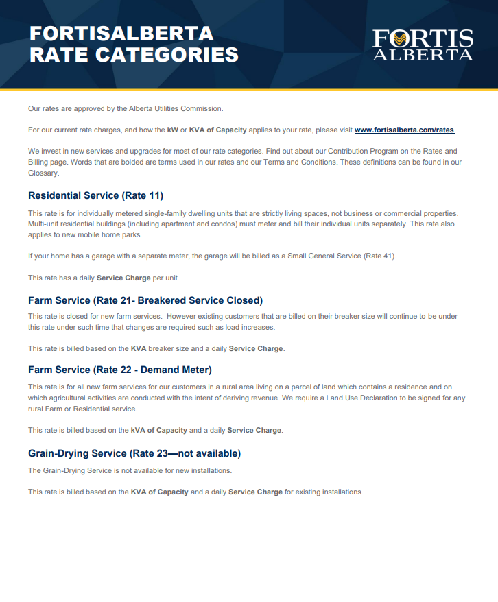 FortisAlberta Rate Category Guide